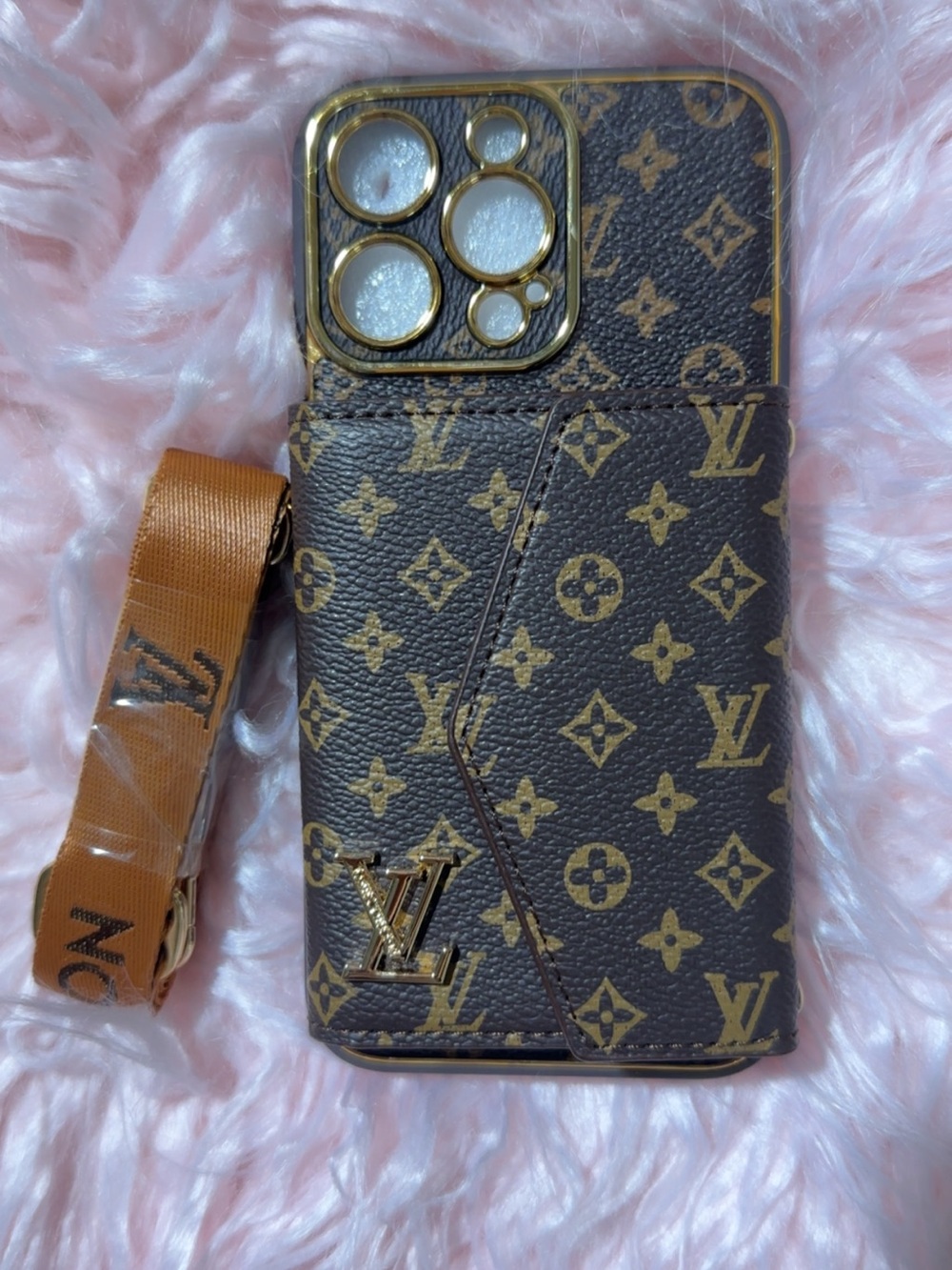Luxury Monogram Brown Phone Wallet Case with Strap iPhone 16 ProMax